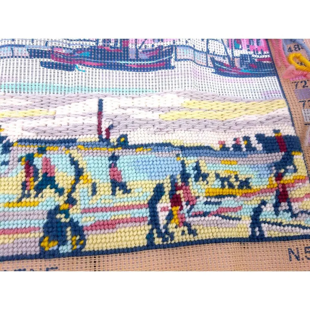 Vintage DMC Needlepoint Northern River Scene LS Lowry WITH Yarn